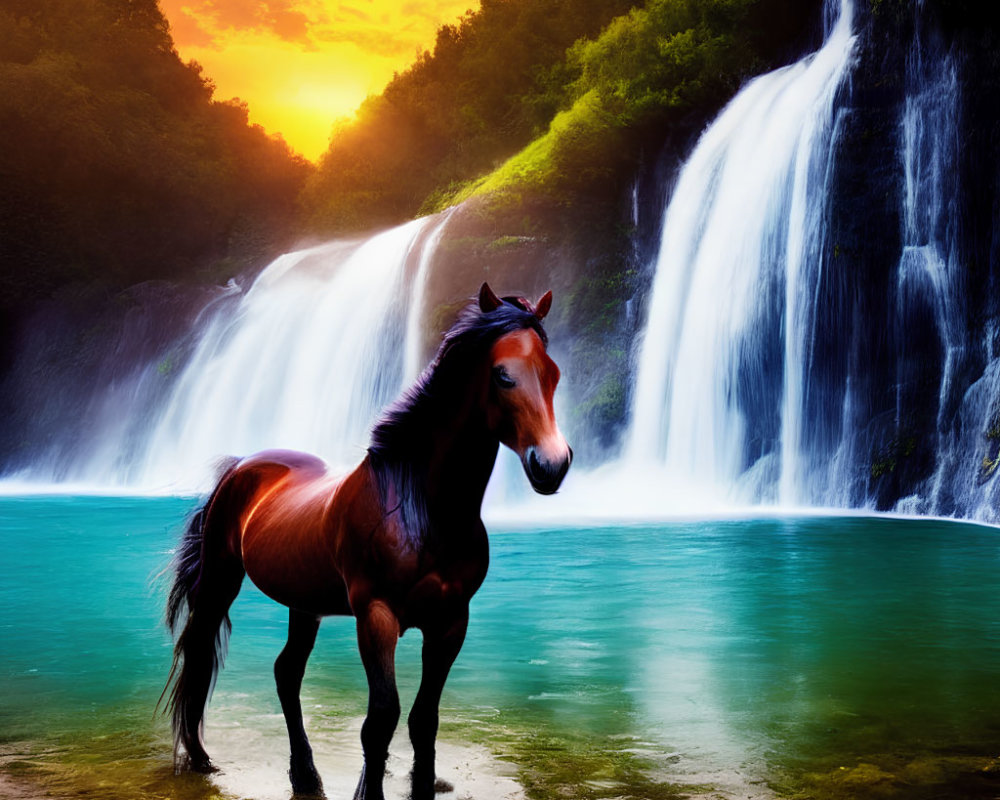 Majestic horse by cascading waterfall at sunset