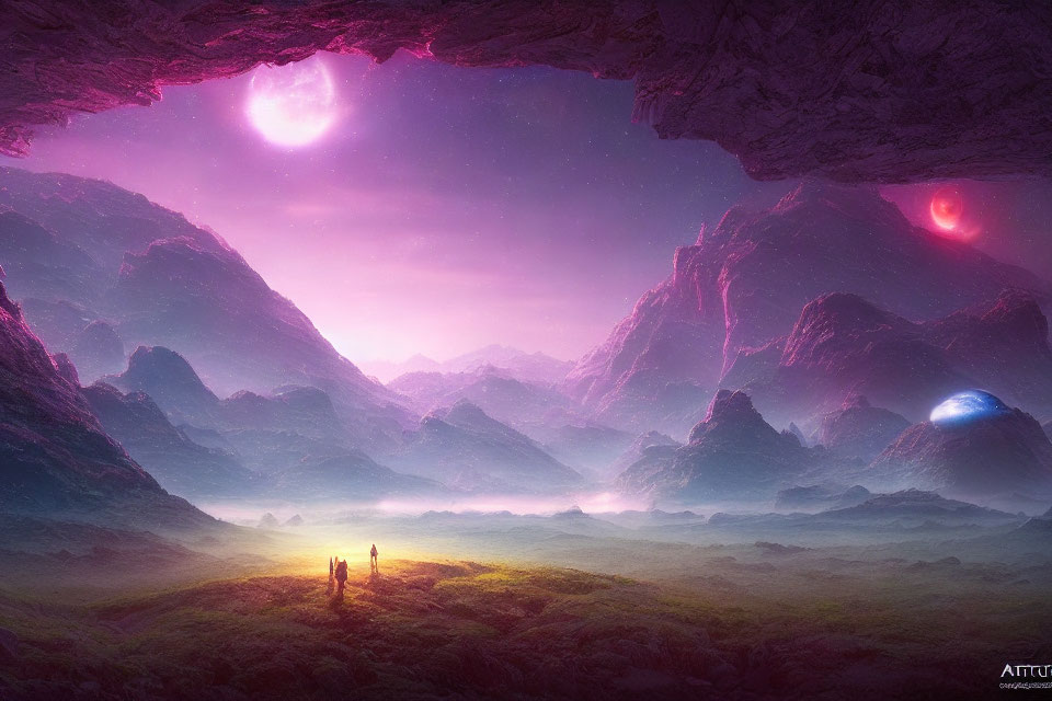 Lush Valley Scene with Oversized Planets and Purple Celestial Event