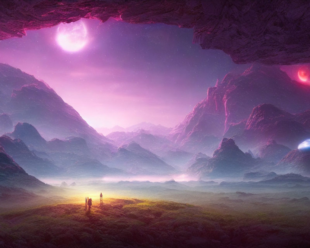 Lush Valley Scene with Oversized Planets and Purple Celestial Event