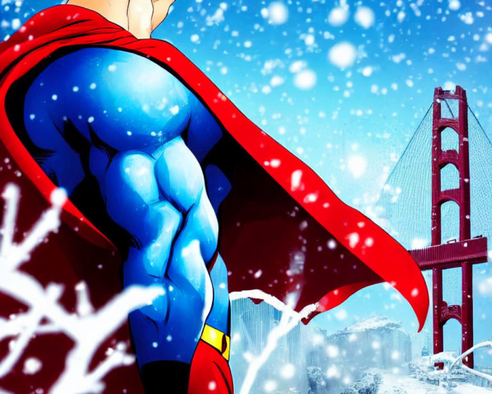 Superhero in Blue and Red Suit on Snowy Landscape with Red Suspension Bridge