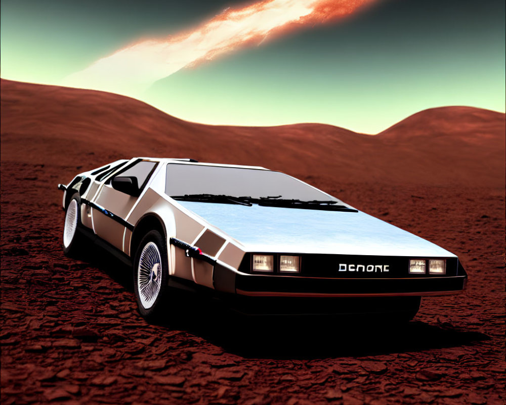 Silver DeLorean Car on Red Rocky Terrain at Dusk