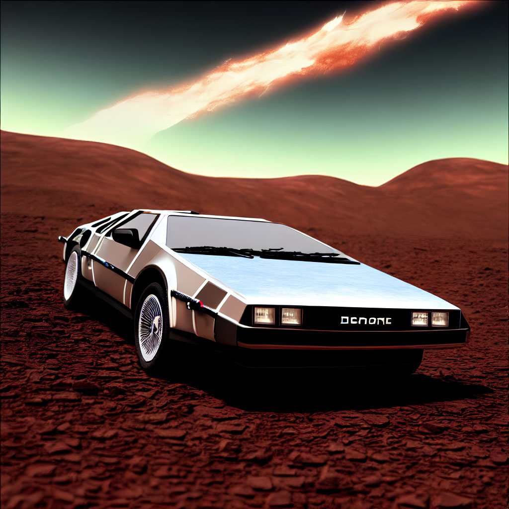 Silver DeLorean Car on Red Rocky Terrain at Dusk