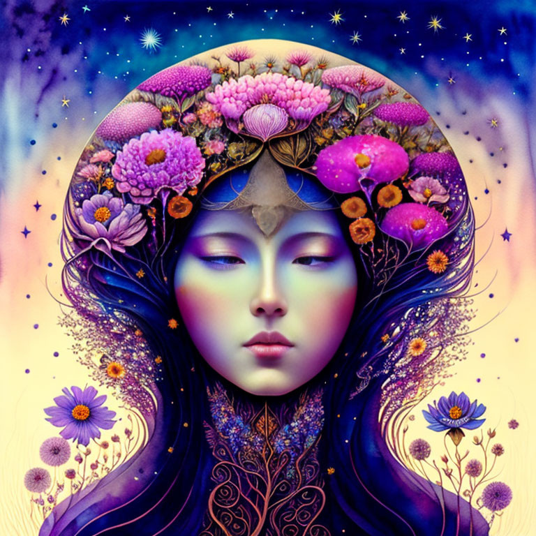 Illustration of serene female figure with vibrant flowers and stars, exuding mystical calm