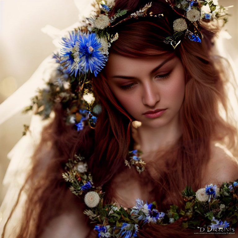 Auburn-Haired Woman with Blue Floral Crown in Serene Pose