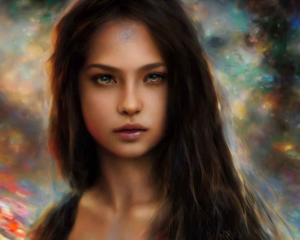 Digital painting of young woman with green eyes and mystical background