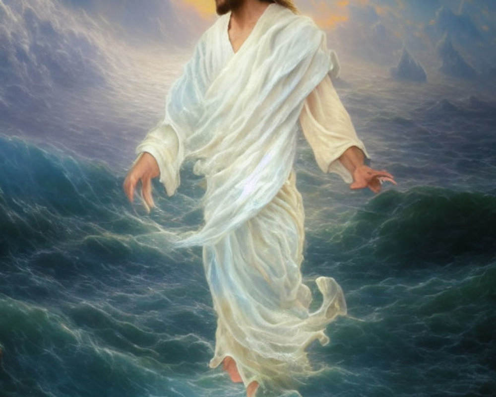 Religious figure walking on turbulent ocean under dramatic sky