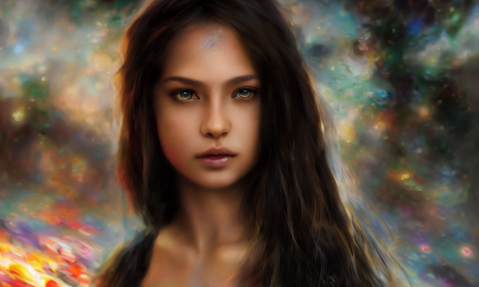 Digital painting of young woman with green eyes and mystical background