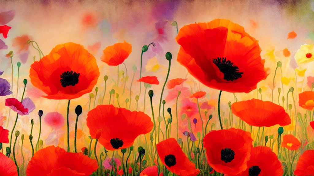 Colorful field of red poppies and yellow flowers on dreamy backdrop