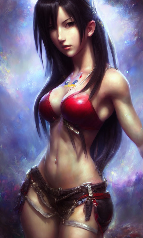 Illustrated female character with long black hair and red top on vibrant ethereal background