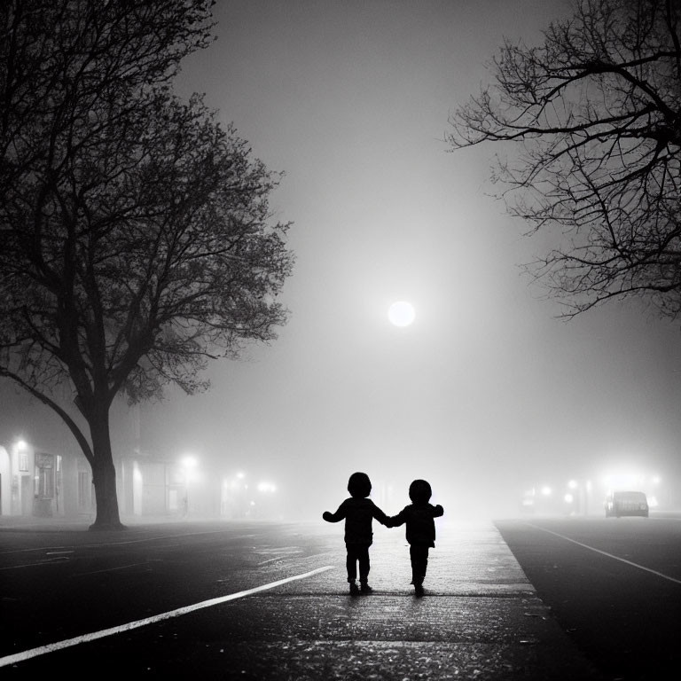 Silhouetted children holding hands in foggy street at night