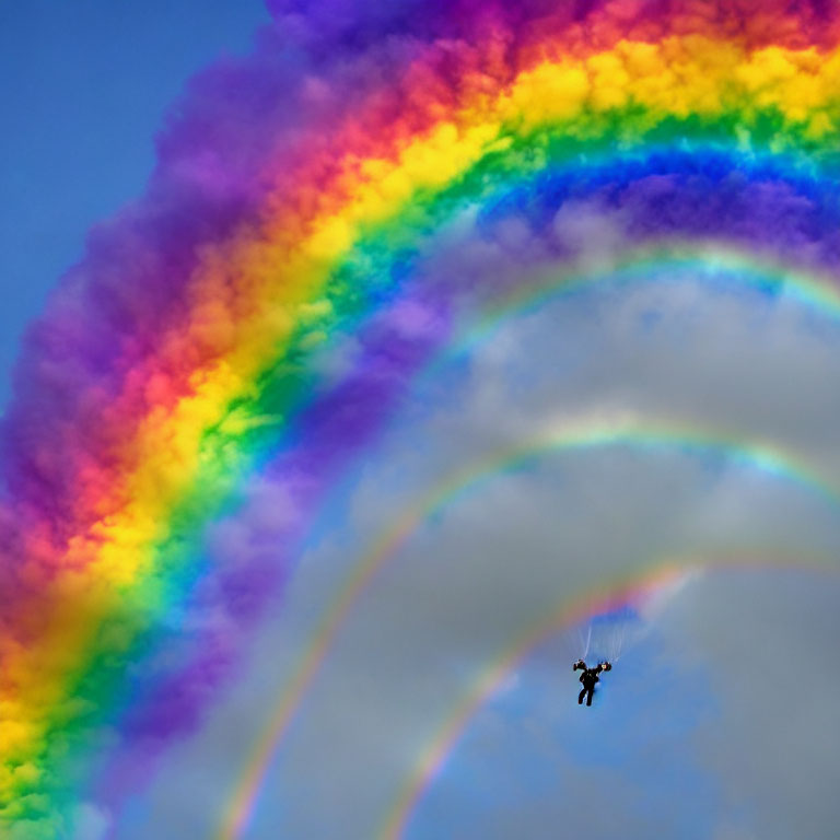 Skydiver silhouette against vibrant rainbow background