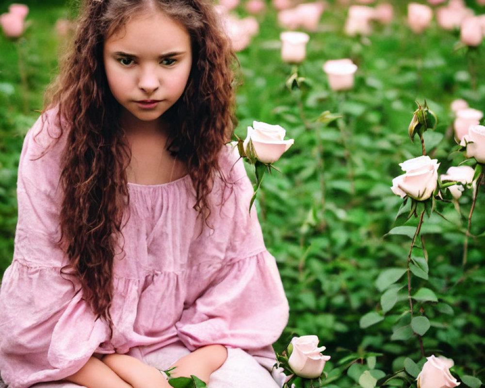 Young girl in pink dress amidst rose bushes with thoughtful expression.