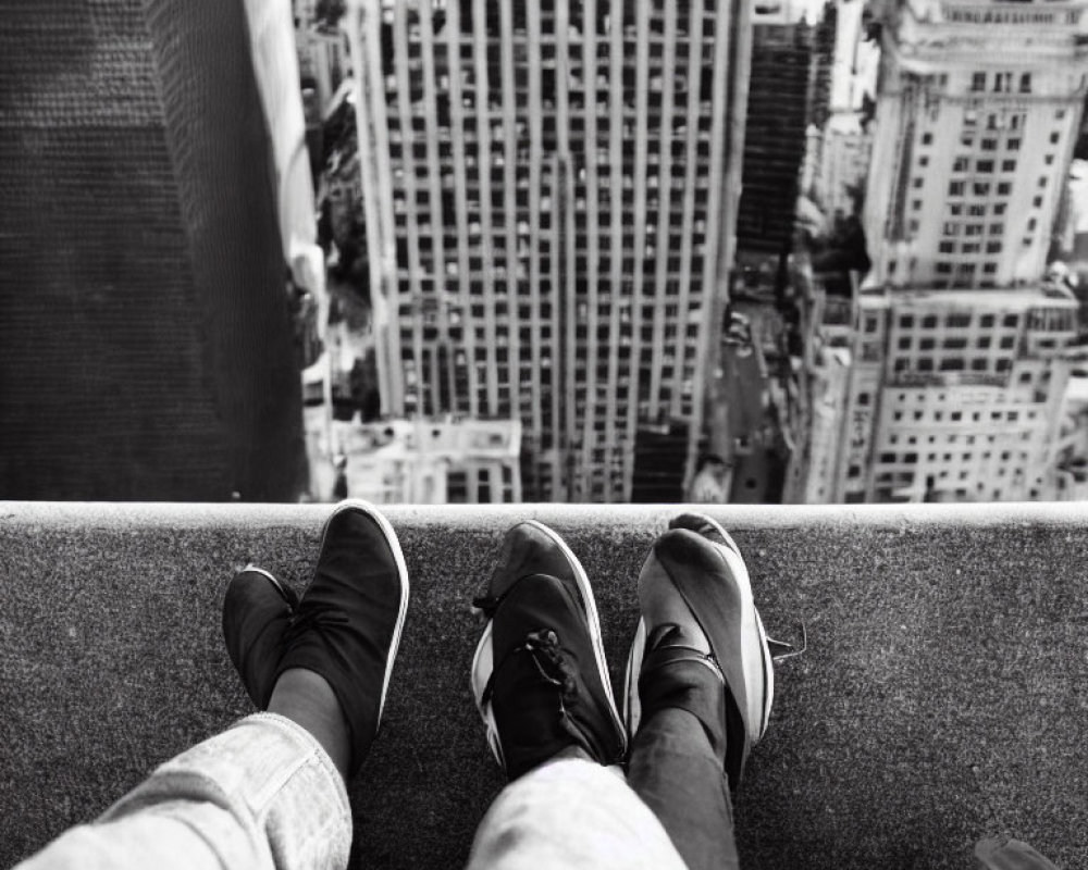 Individual perched on tall ledge overlooking cityscape of skyscrapers in monochrome.