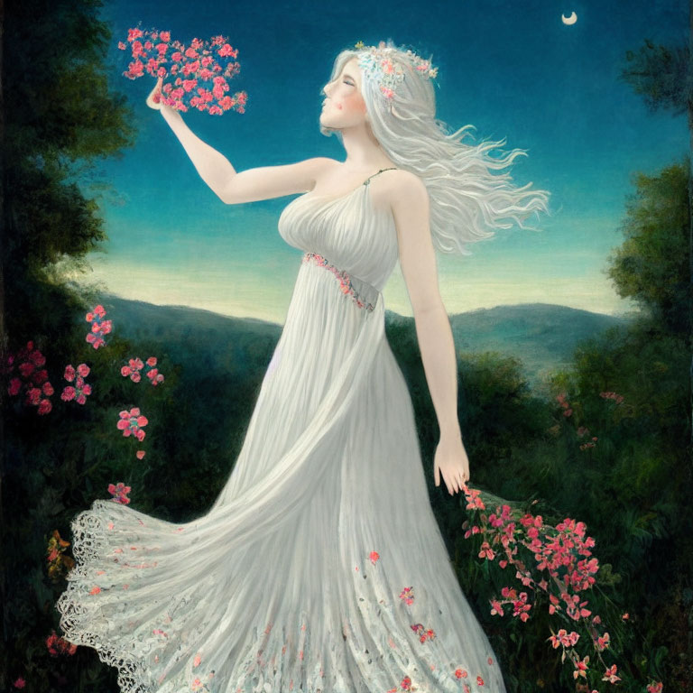 Woman in white dress with floral crown holding pink flowers in twilight landscape