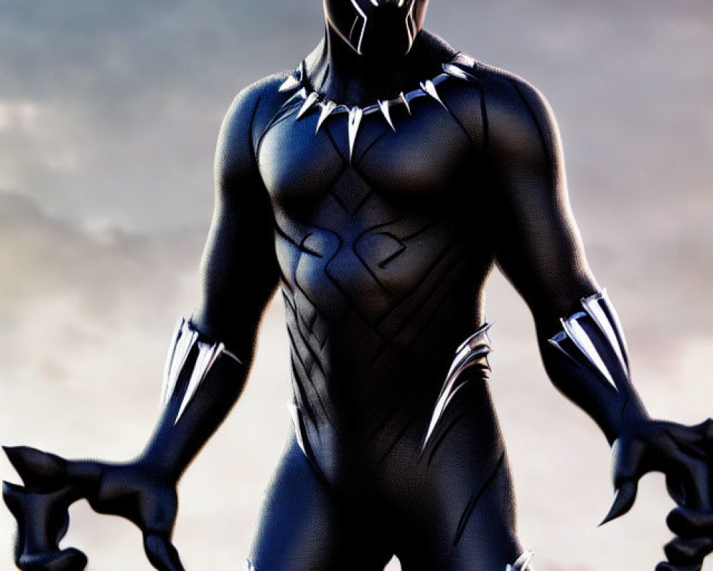 Black Panther superhero costume with clawed gloves against cloudy sky.