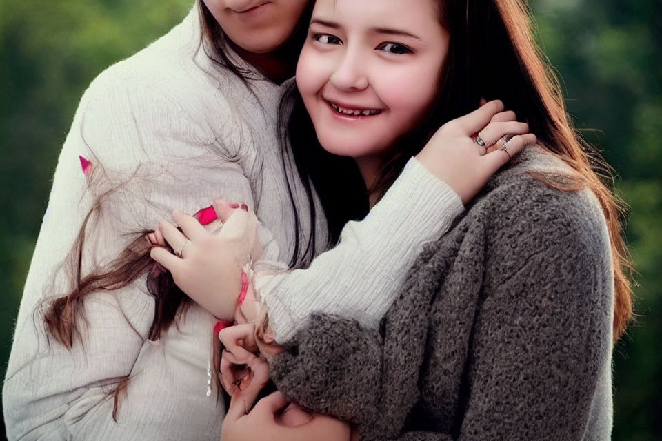 Smiling individuals in cozy sweaters with nose piercing, embracing in front of blurred green background