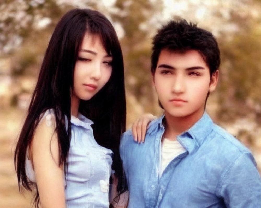 Young man and woman in blue shirts posing with woman's hair blowing slightly