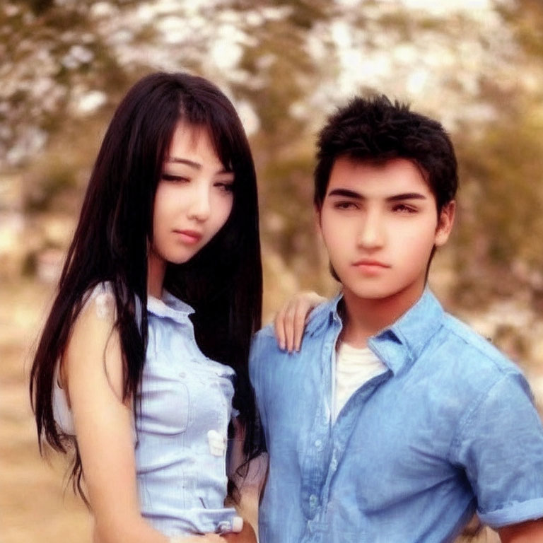 Young man and woman in blue shirts posing with woman's hair blowing slightly