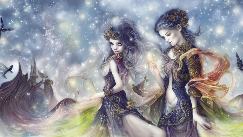 Ethereal women in elaborate dresses and crowns in magical, starry setting