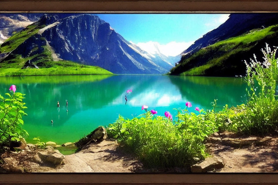 Mountain lake with clear green water, rugged peaks, greenery, pink flowers, and distant swimmers