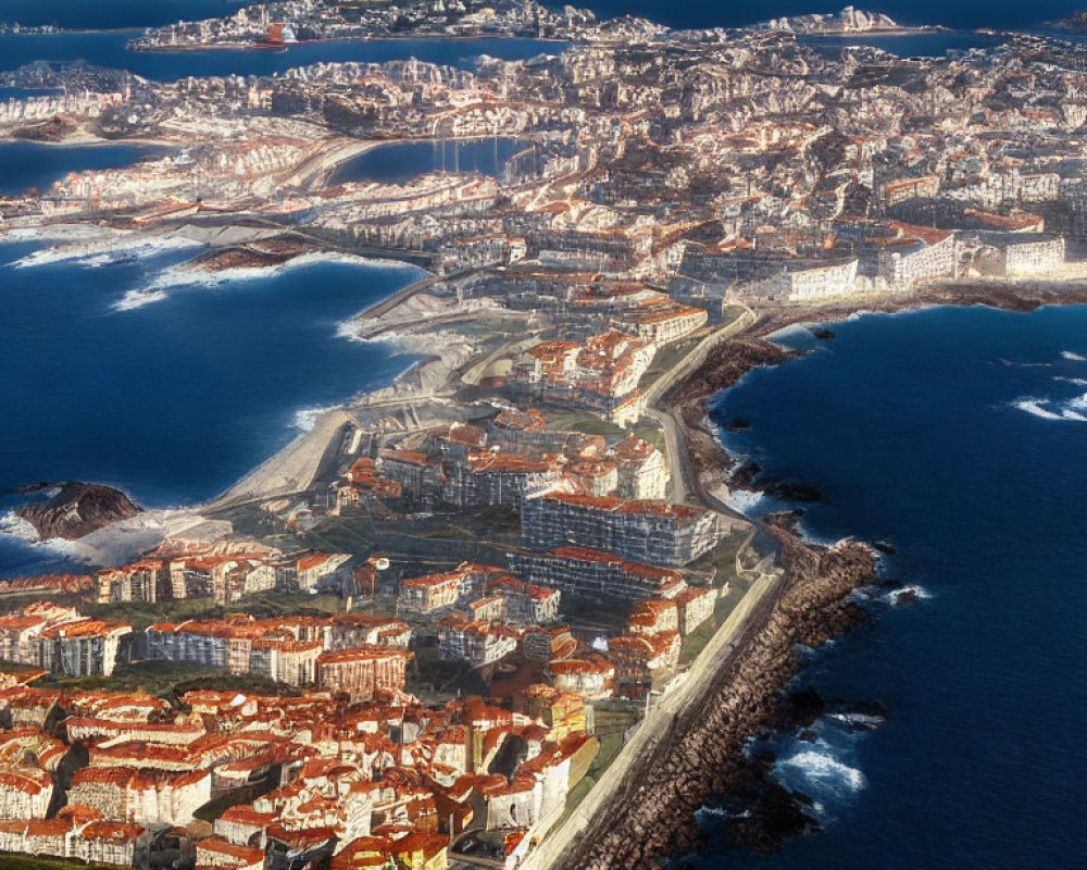 Coastal Town Aerial View: Dense Buildings, Roads, Seawall, Clear Sky