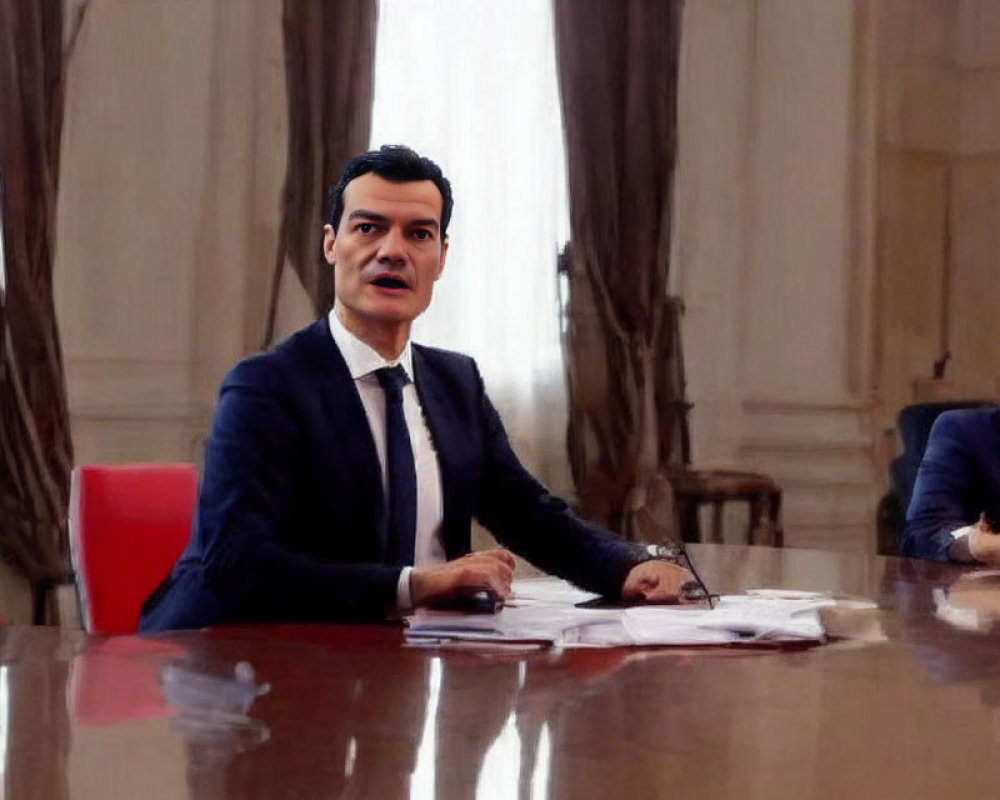 Person with distorted large head at conference table, papers, reflection of undistorted version.