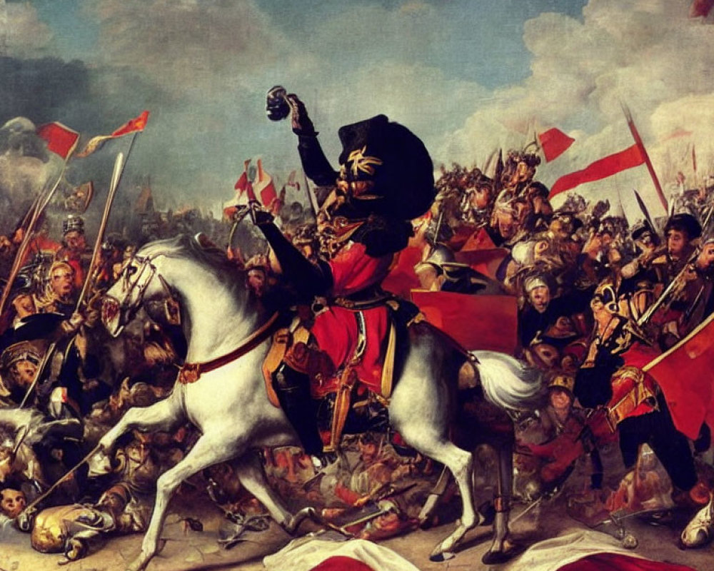 Napoleon on Horseback Leading Army in Chaotic Battle