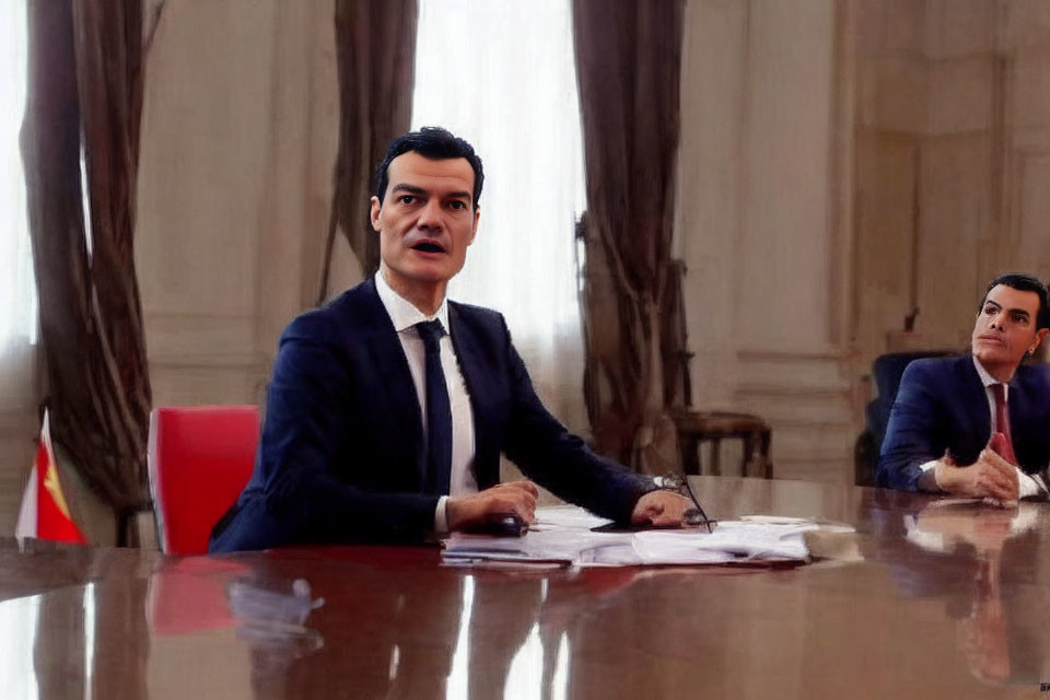 Person with distorted large head at conference table, papers, reflection of undistorted version.