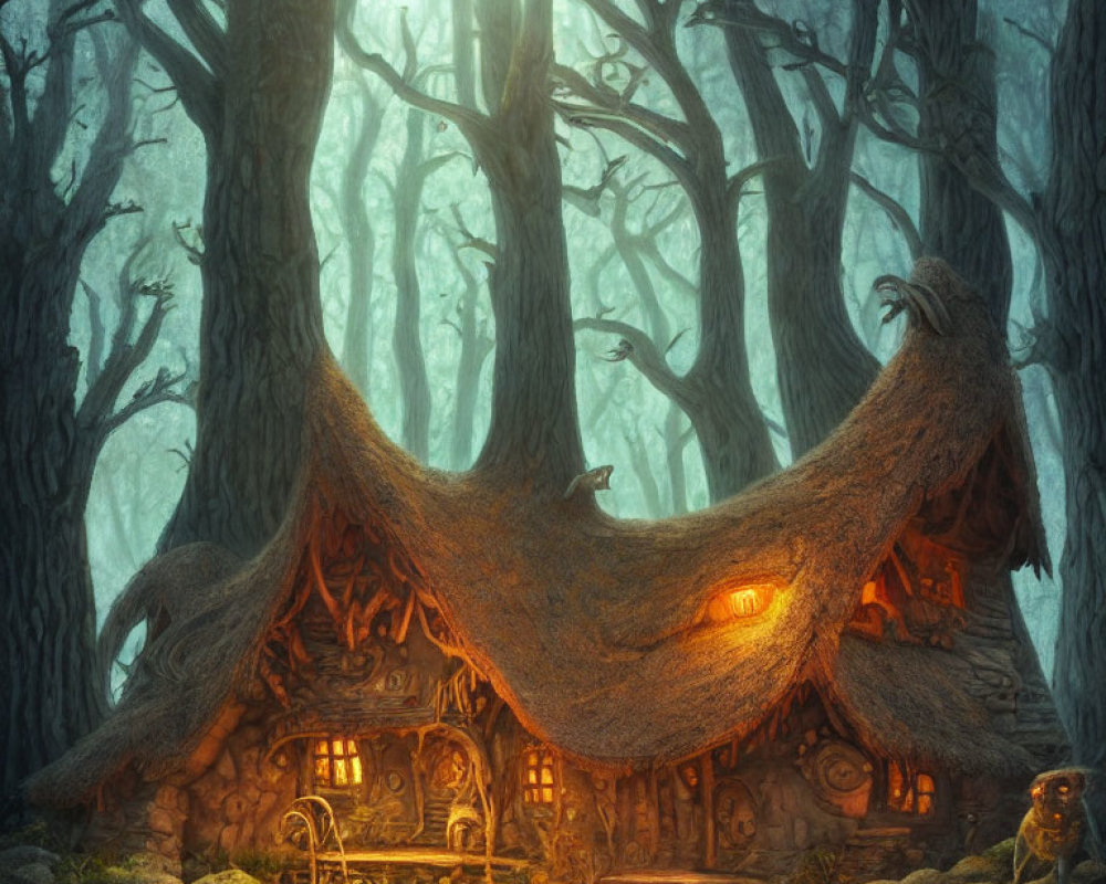 Enchanting cottage in mystical forest with gnarled trees