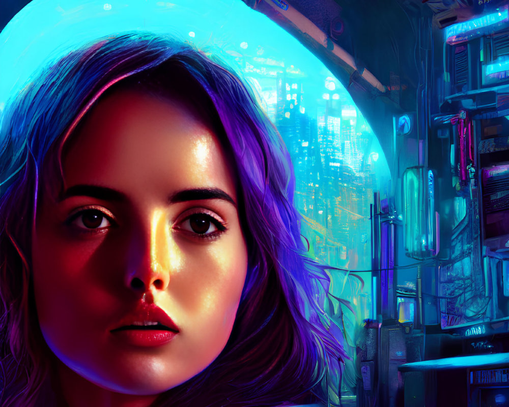 Futuristic cyberpunk cityscape with woman's portrait in neon colors