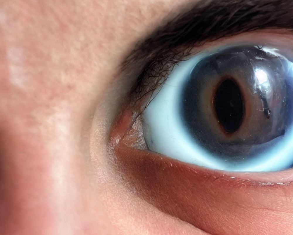 Detailed image of a human eye with eyelashes, dilated pupil, and cornea reflections