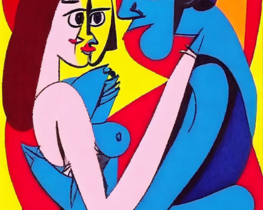 Vibrant abstract painting of two figures in geometric embrace