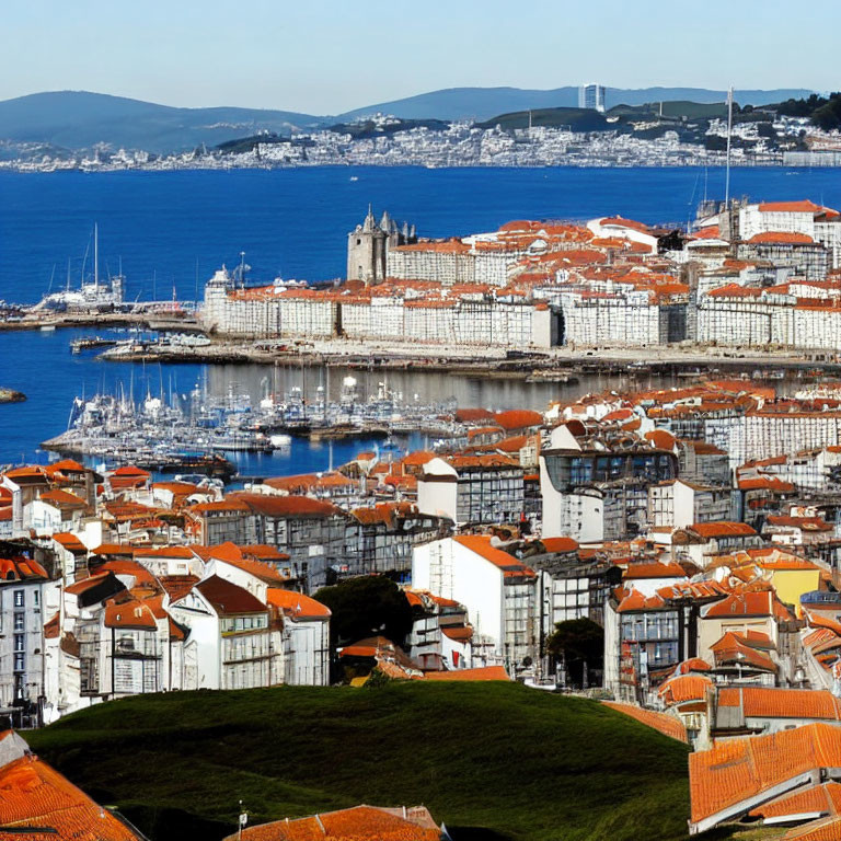 Cityscape with Red-Tiled Roofs, Marina, Church, Bay, Hills, Blue Sky