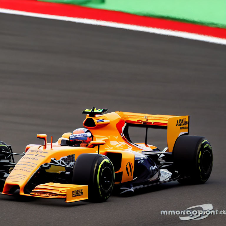 Orange and Blue Formula 1 Car with Sponsors and Number 4 Racing on Track