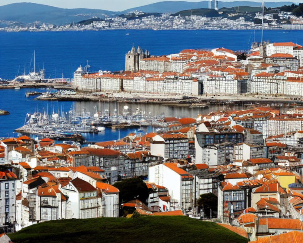 Cityscape with Red-Tiled Roofs, Marina, Church, Bay, Hills, Blue Sky