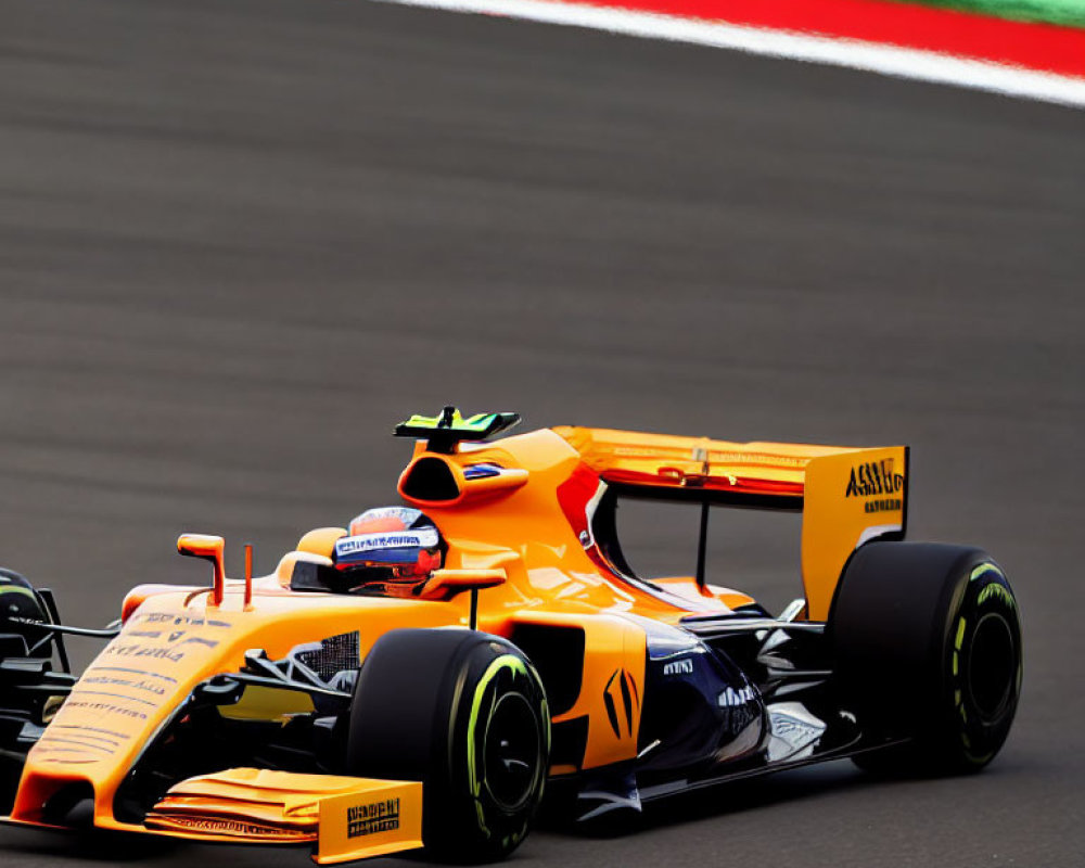 Orange and Blue Formula 1 Car with Sponsors and Number 4 Racing on Track