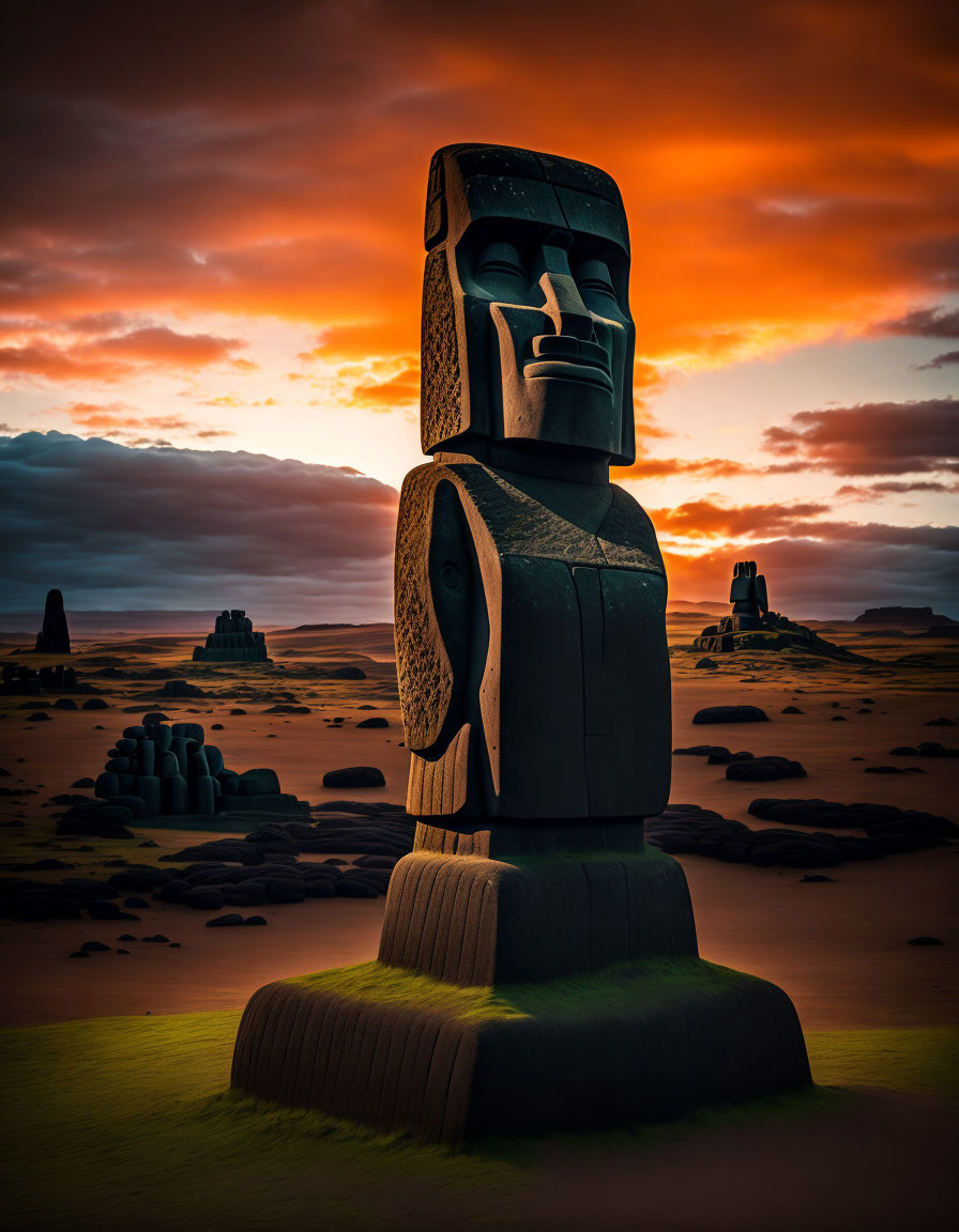 Moai Statue Silhouetted Against Vibrant Sunset