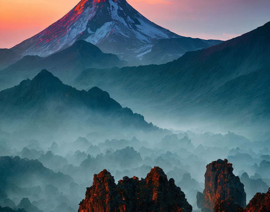 Fiery sunset over rugged landscape with snow-capped volcano emitting smoke