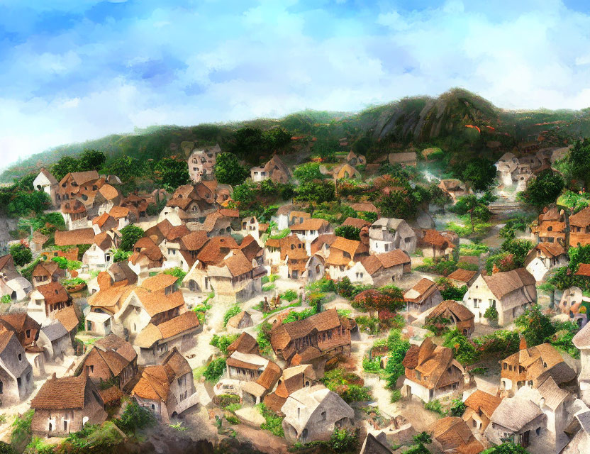 Scenic village with quaint houses in lush greenery