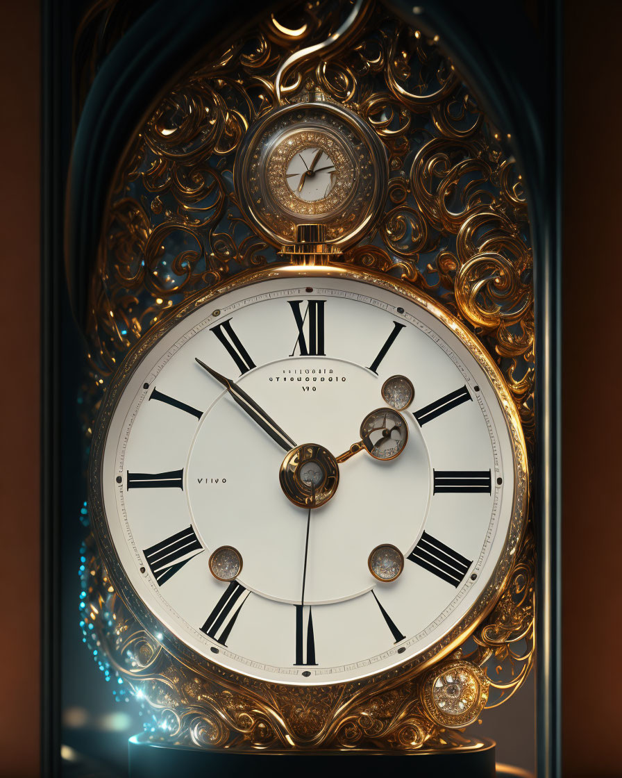 Vintage Clock with White Face and Golden Patterns in Arch Frame