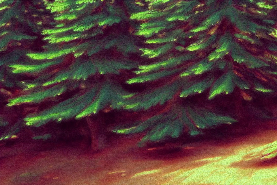 Detailed Close-Up: Textured Painting of Lush Green Pine Trees