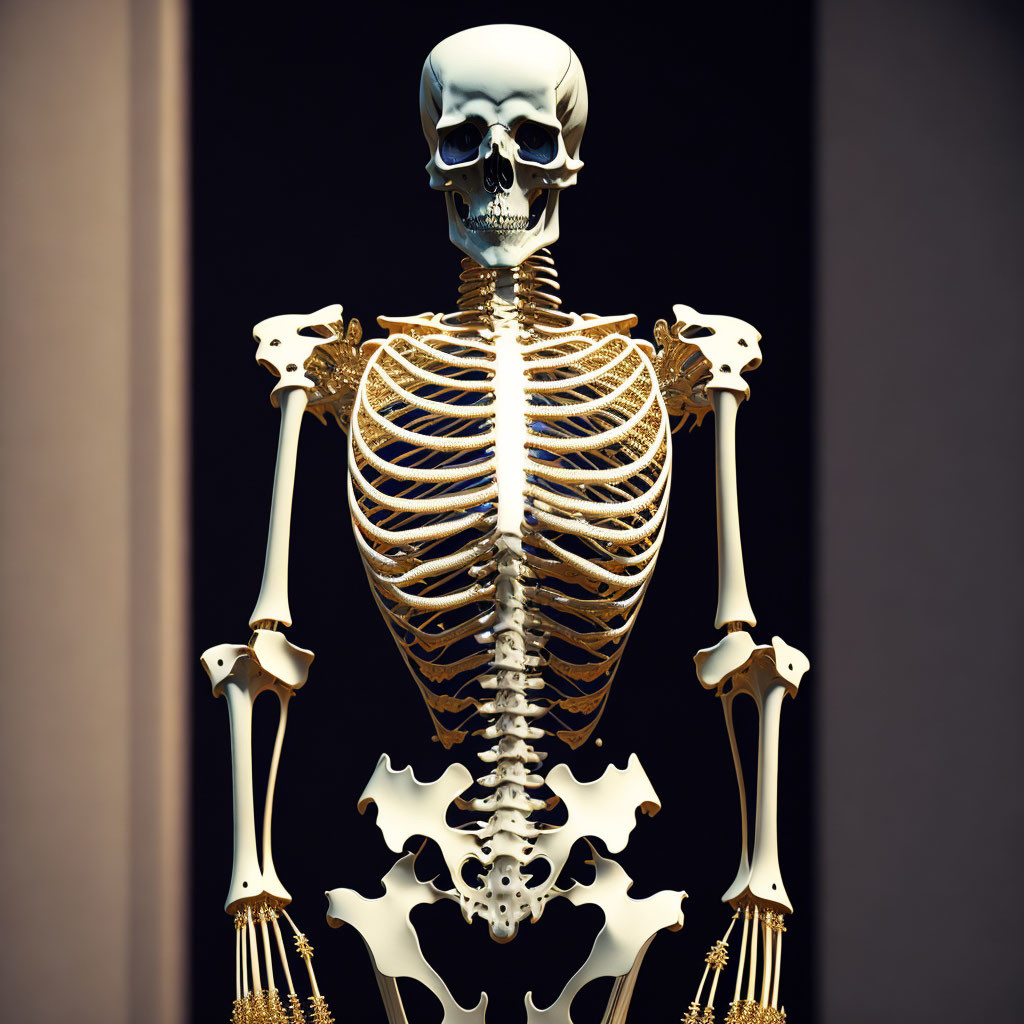 Gold and white human skeleton model on dark background