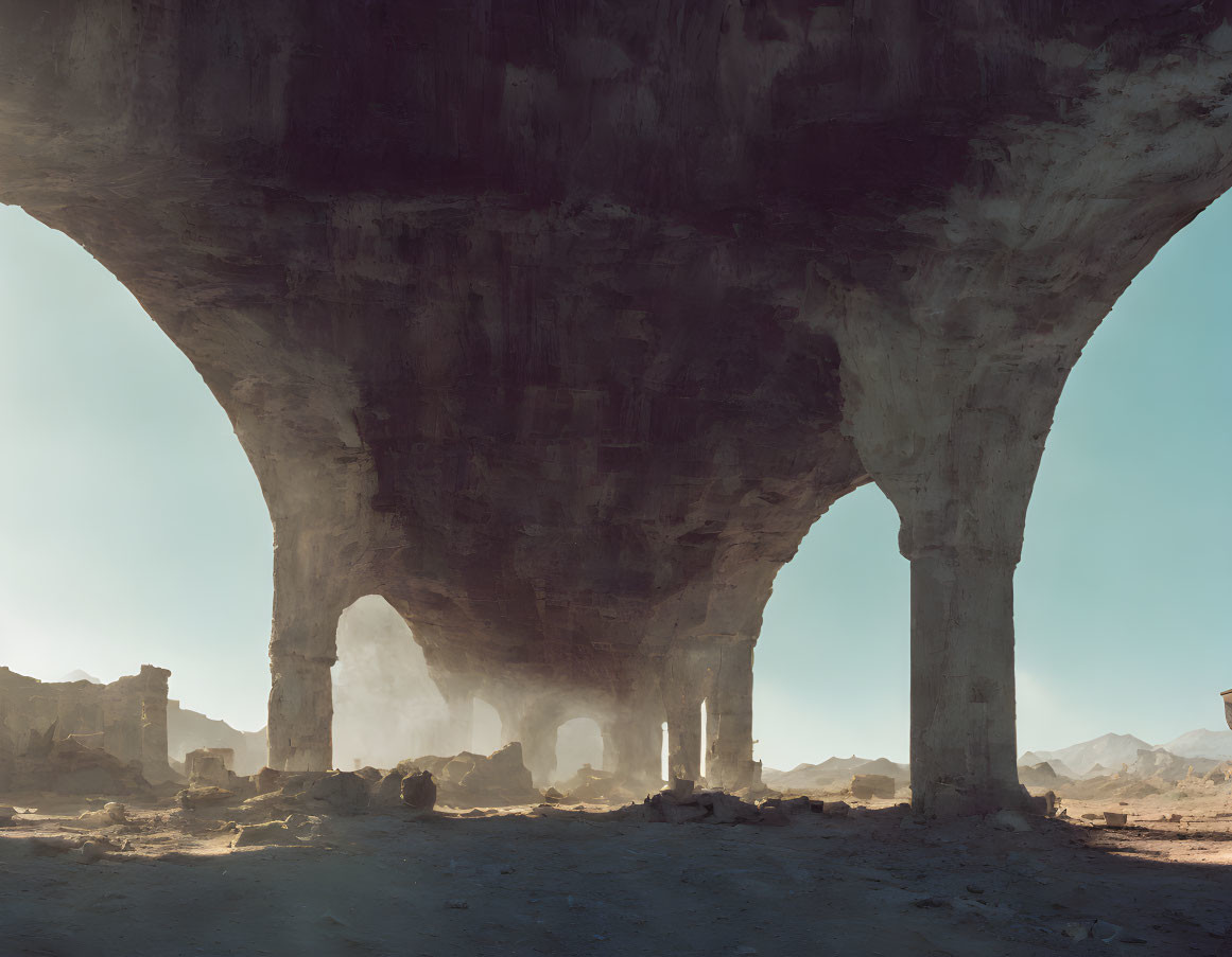 Desolate landscape under large concrete structure with thick pillars