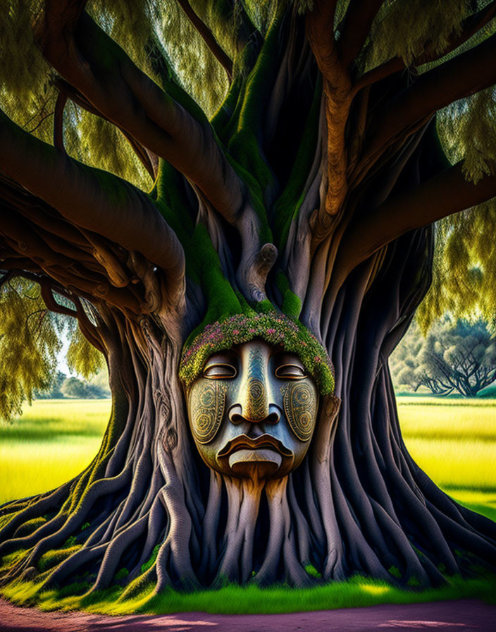 Large tree with mystical human-like face and moss patterns in serene landscape