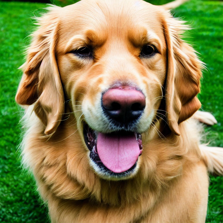 Smiling golden retriever with tongue out on green grass