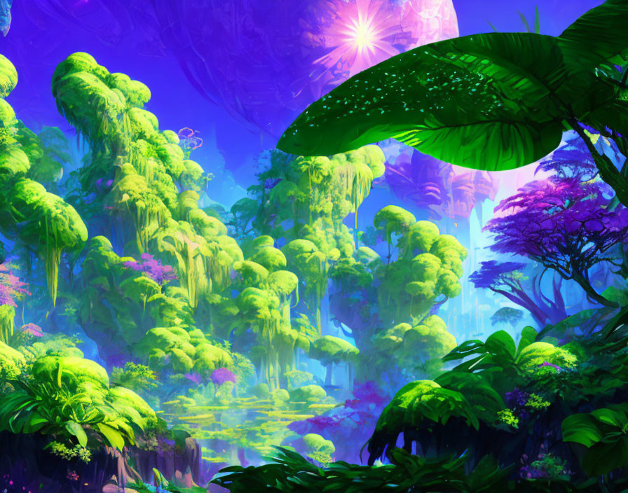 Lush Jungle Scene with Exotic Flora and Purple Sky