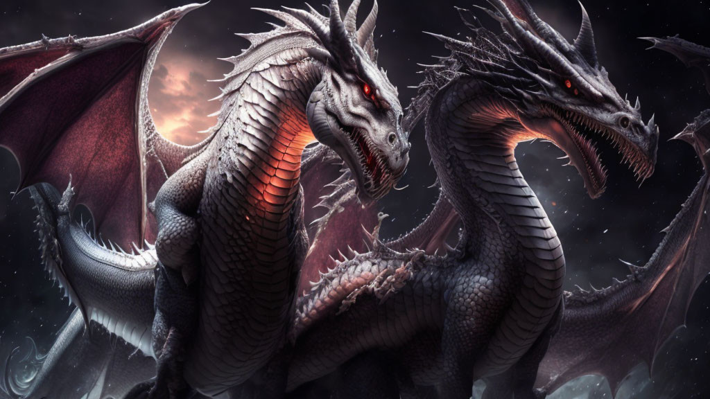 Two menacing dragons with glowing red eyes and extended wings in a dark, ominous setting.