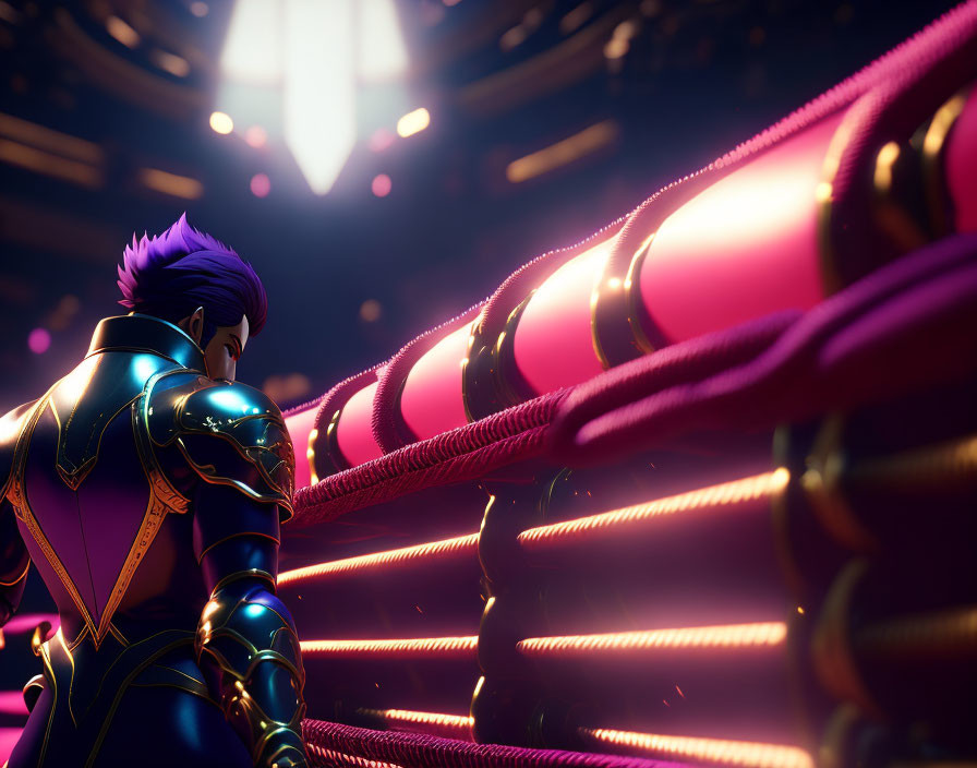 Purple-haired animated character in futuristic armor next to glowing pink pipes in high-tech setting