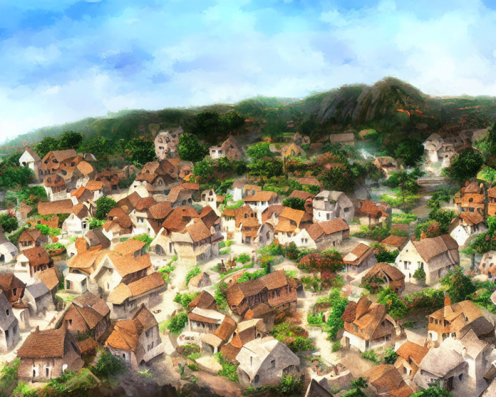 Scenic village with quaint houses in lush greenery