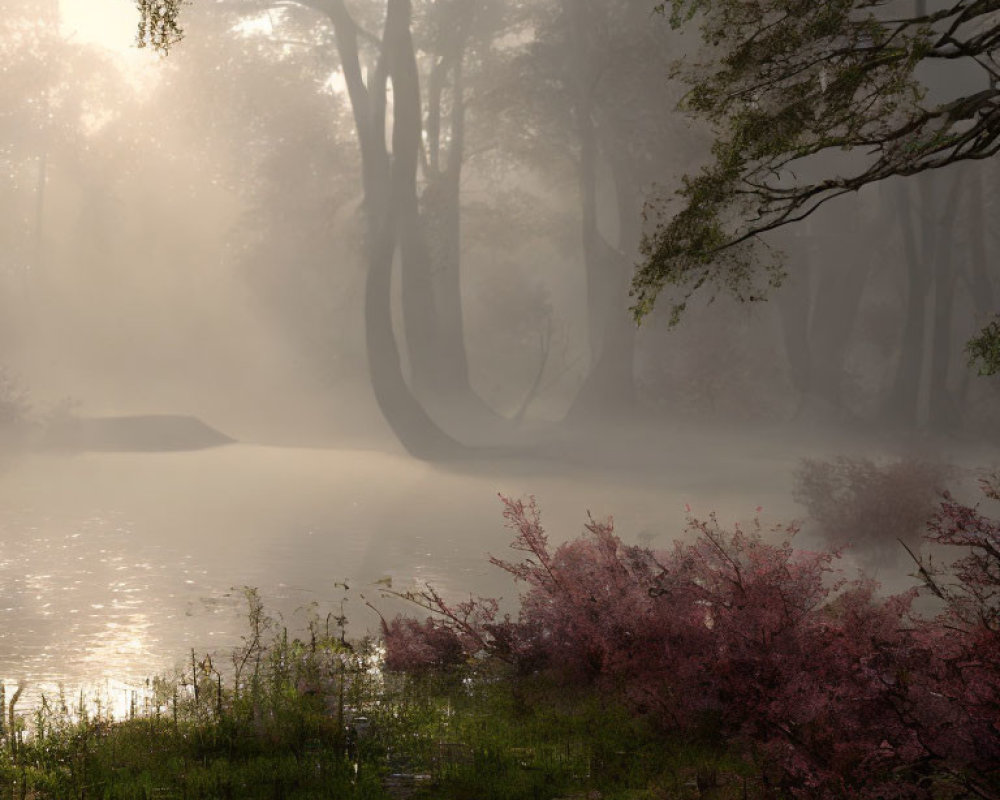 Tranquil forest scene with mist, sunlight, and pink flora